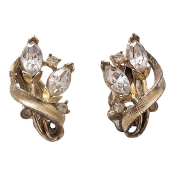 Vintage Lisner Clip‎ On Gold Tone Rhinestone Earrings Signed - Picture 1 of 3